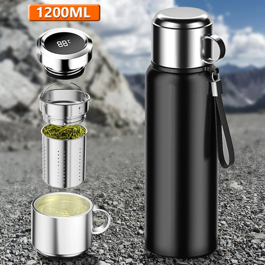 1200ML black stainless steel smart thermos bottle with digital temperature display, tea filter, and detachable cup – ideal for hot or cold drinks