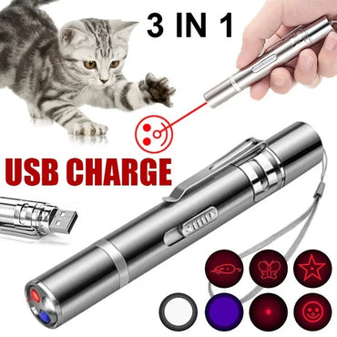 3-in-1 USB rechargeable laser pointer toy for cats and dogs with fun light patterns and interactive play.