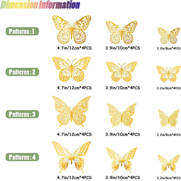Size chart showing 4 patterns of 3D gold butterfly wall stickers in sets of 4, available in 4.7in, 3.9in, and 3.2in dimensions BeTrendy