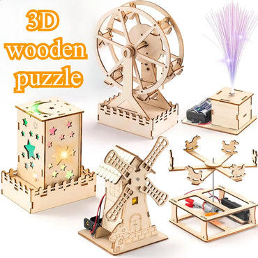 Full set of 5 DIY wooden STEM models including Ferris wheel, windmill, fiber optic lamp, carousel, and nightlight