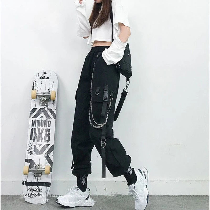 Women's Harajuku High-Waist Cargo Joggers – Punk Harem Pants with Chain & Pockets