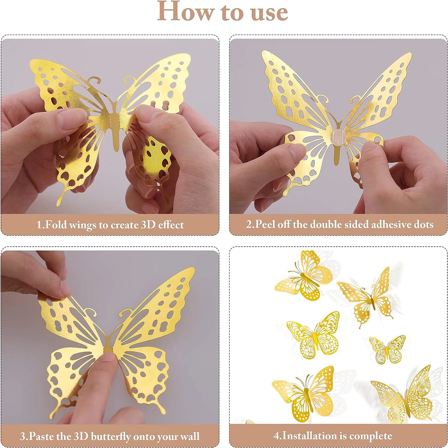 48PCS 3D Gold Butterfly Wall Stickers – Elegant Decorative Set for Birthdays, Bedrooms & Parties