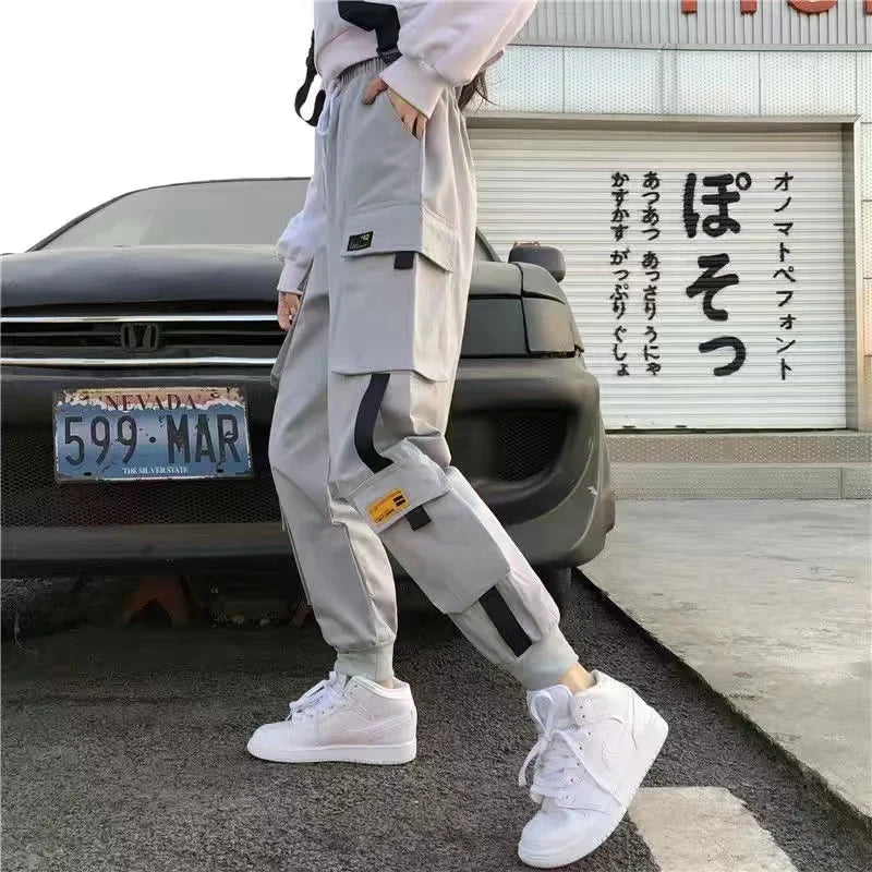 Women's Harajuku High-Waist Cargo Joggers – Punk Harem Pants with Chain & Pockets
