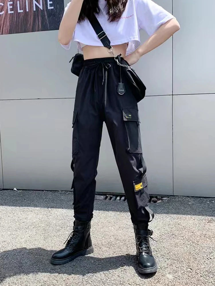 Women's Harajuku High-Waist Cargo Joggers – Punk Harem Pants with Chain & Pockets