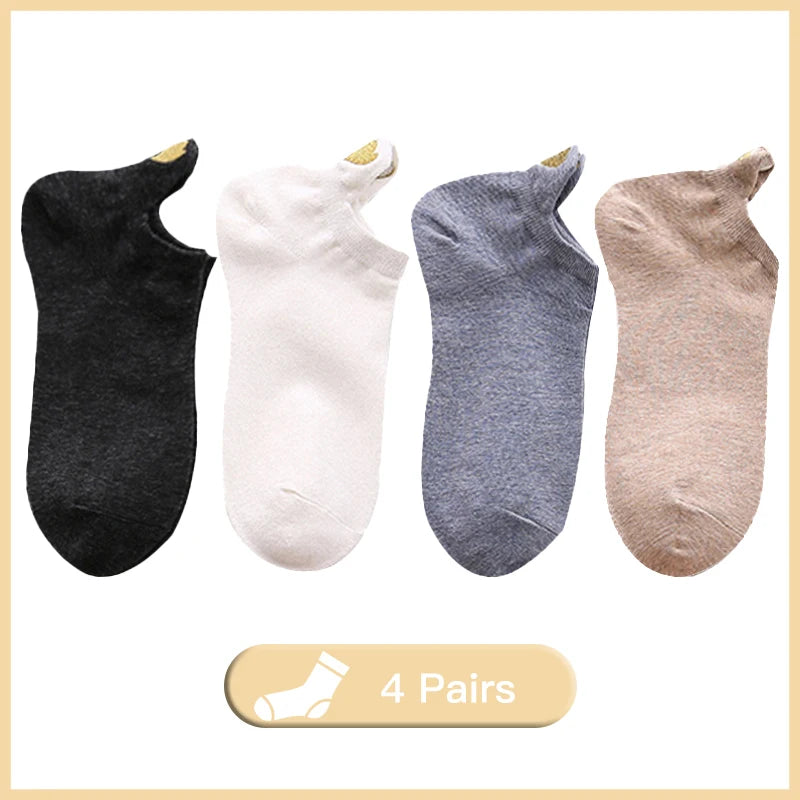 Women’s Heart Embroidered Low-Cut Cotton Socks – 4 Pairs Breathable Casual Ankle Socks