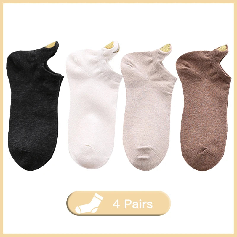 Women’s Heart Embroidered Low-Cut Cotton Socks – 4 Pairs Breathable Casual Ankle Socks