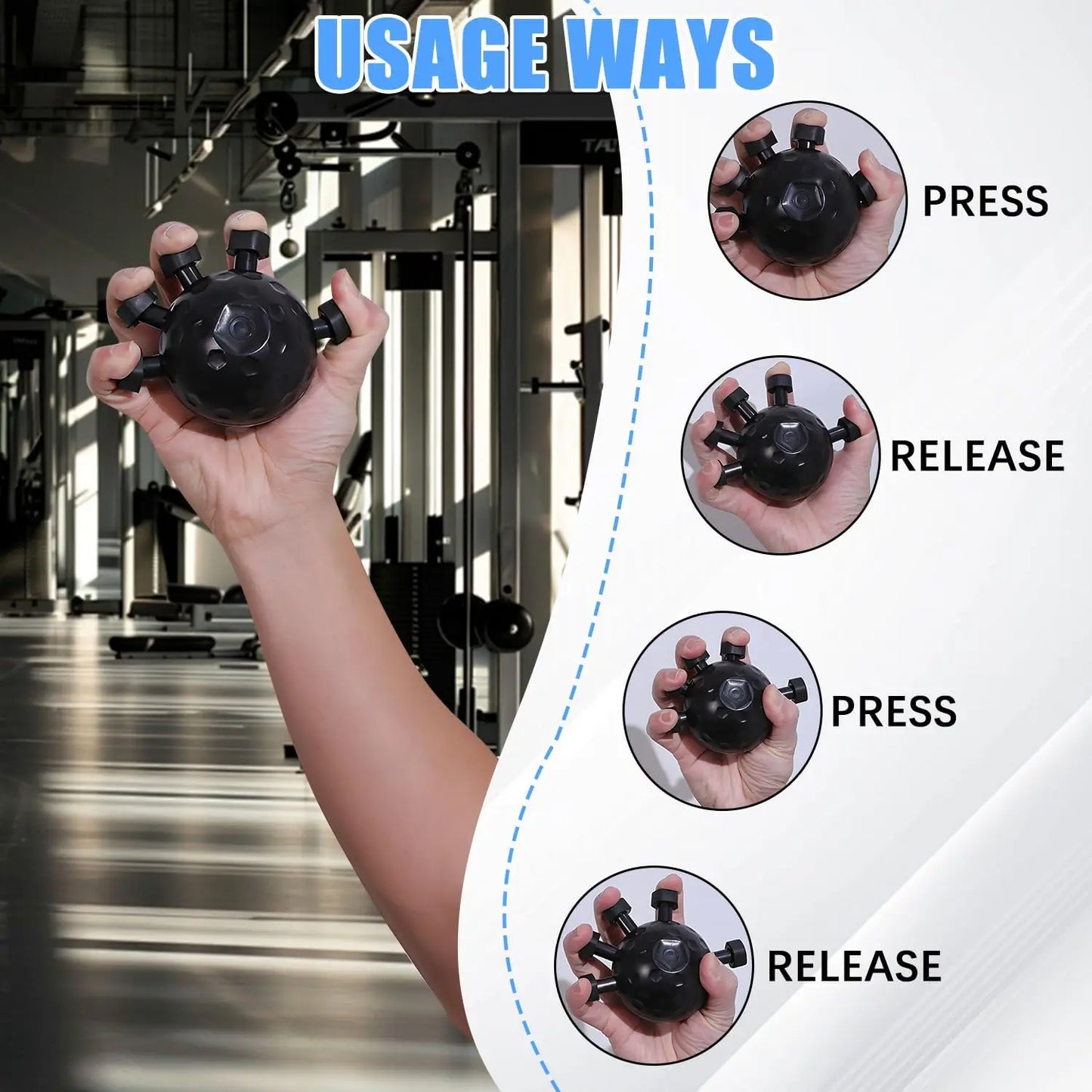 Hand exercising with six-handle grip strength ball – press and release training steps shown for muscle recovery and fitness by BeTrendy
