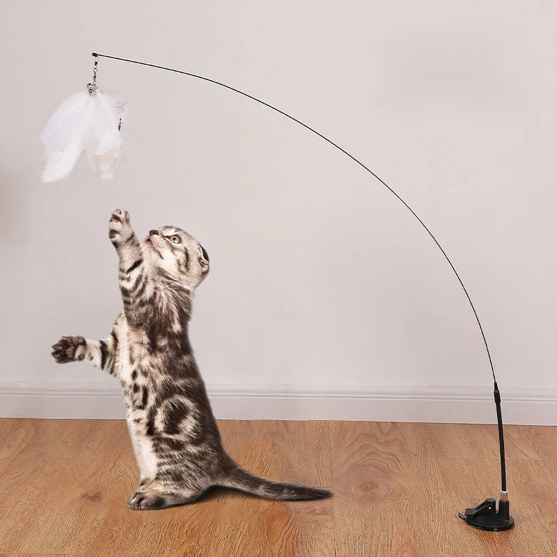 Interactive Cat Wand Toy with Suction Cup – Hands-Free Feather Teaser for Kittens & Cats