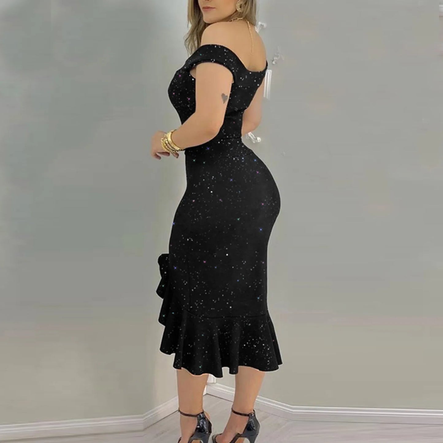 Elegant Off-Shoulder Sequin Ruffle Dress – Summer Irregular Hem Party Dress for Women