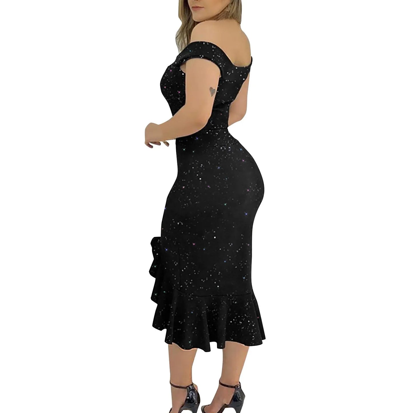 Elegant Off-Shoulder Sequin Ruffle Dress – Summer Irregular Hem Party Dress for Women