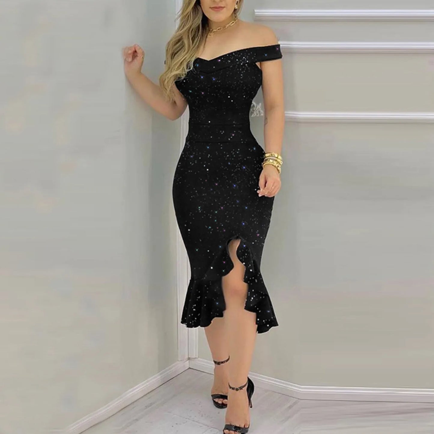 Elegant Off-Shoulder Sequin Ruffle Dress – Summer Irregular Hem Party Dress for Women