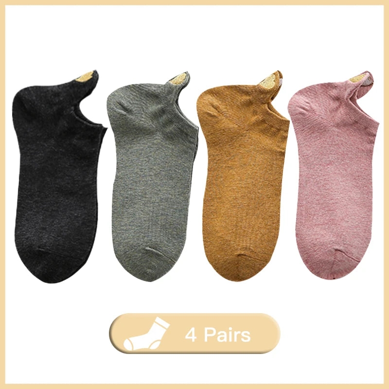Women’s Heart Embroidered Low-Cut Cotton Socks – 4 Pairs Breathable Casual Ankle Socks