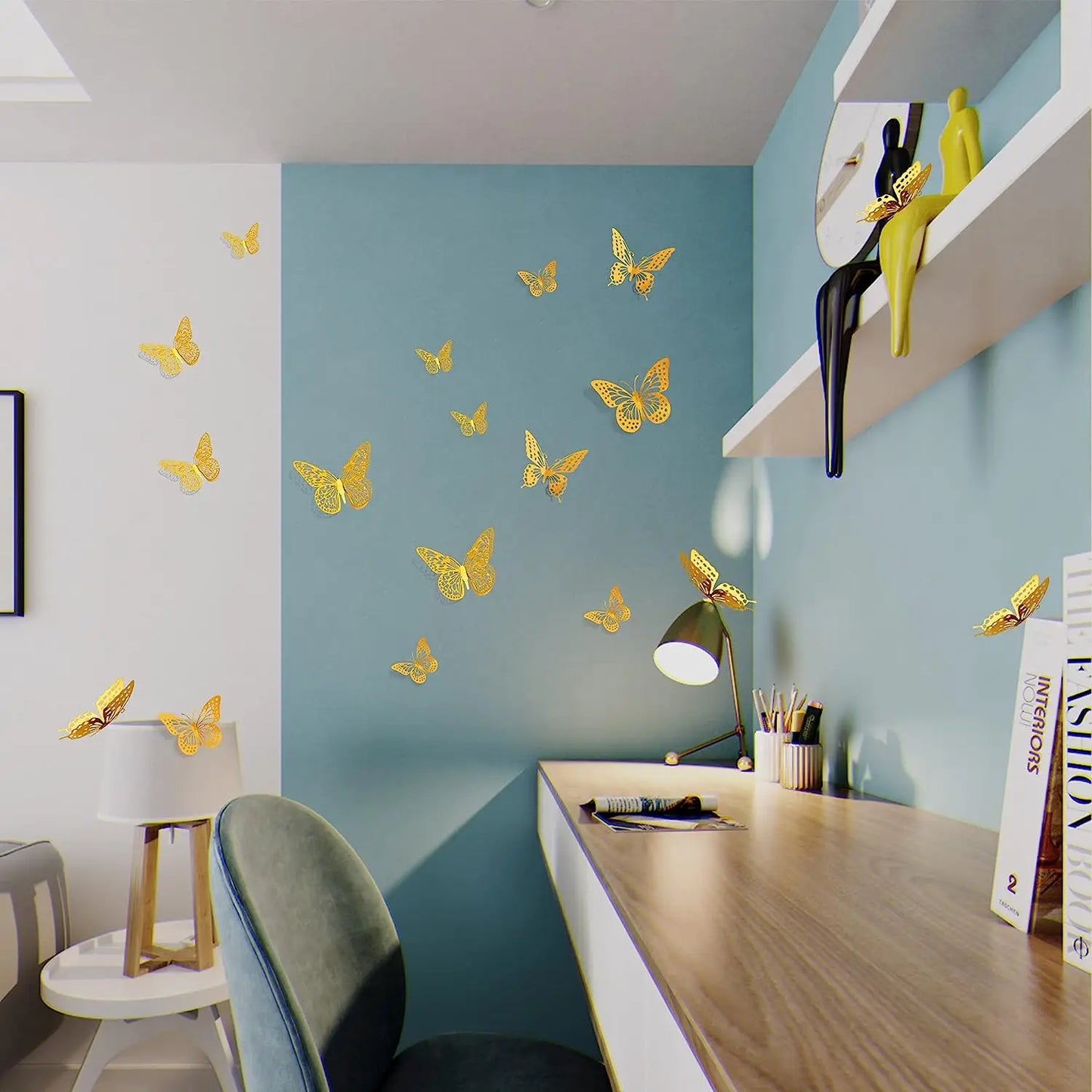 48PCS 3D Gold Butterfly Wall Stickers – Elegant Decorative Set for Birthdays, Bedrooms & Parties