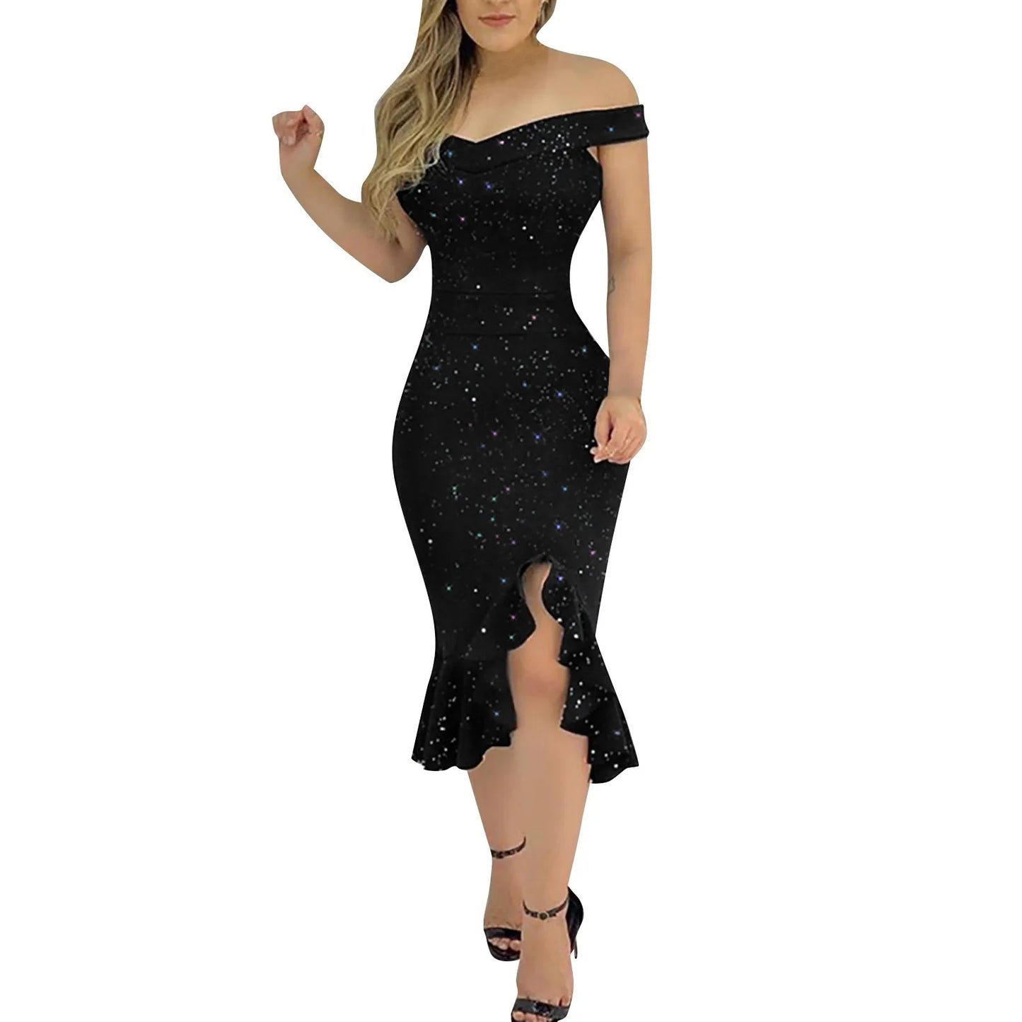 Elegant Off-Shoulder Sequin Ruffle Dress – Summer Irregular Hem Party Dress for Women
