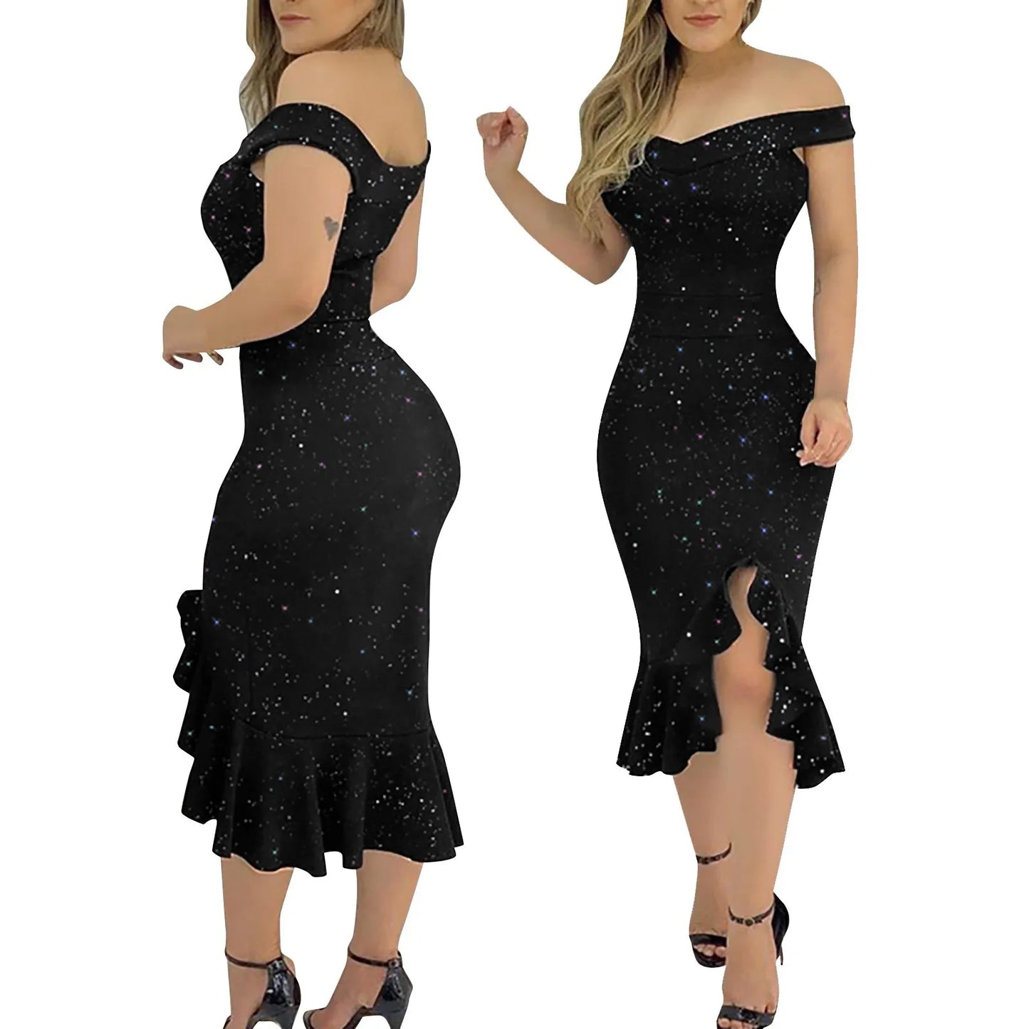 Elegant Off-Shoulder Sequin Ruffle Dress – Summer Irregular Hem Party Dress for Women