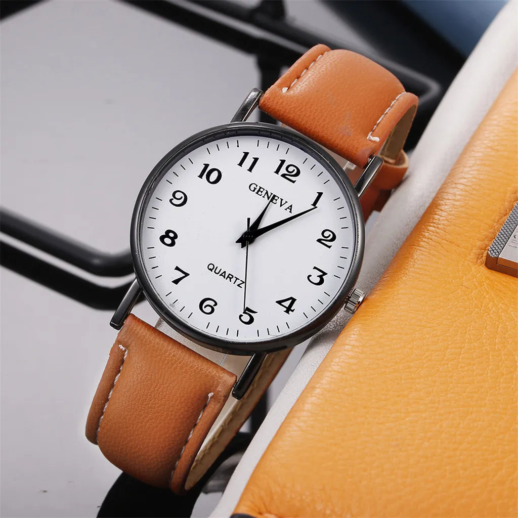 Men’s Luxury Quartz Watch – Leather Strap, Stainless Steel Dial, Casual Fashion Timepiece