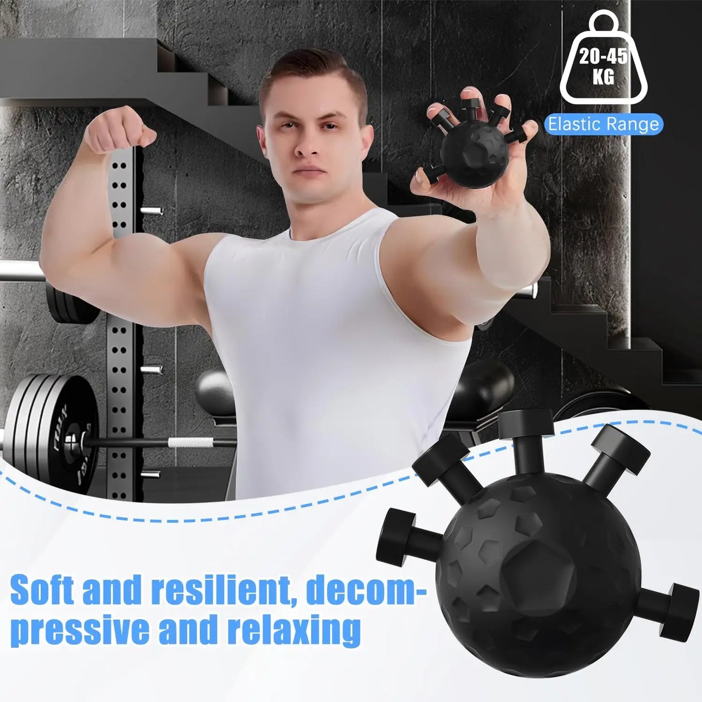 Bodybuilder using black silicone grip strength training ball – soft, resilient, and decompressing fitness tool with 20–45kg elastic resistance by BeTrendy