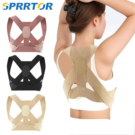 Adjustable back posture corrector in beige, black, and pink colors shown on female model – breathable support brace for men and women