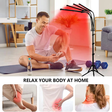 Man using adjustable red light therapy panel at home for muscle recovery, with targeted relief for legs, back, and neck