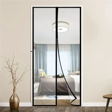 Black magnetic mesh door curtain installed in a bedroom doorway for insect protection and hands-free entry