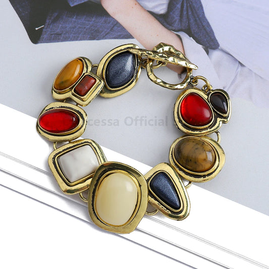Bohemian colorful rhinestone vintage bracelet with geometric multicolor stones on gold-tone alloy links