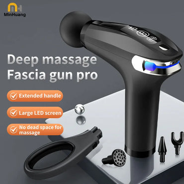 Black deep tissue massage gun with extended handle, LED screen, and multiple massage heads for muscle relief.
