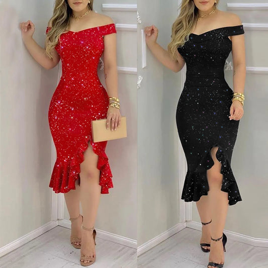 Elegant off-shoulder sequin ruffle dress in red and black with high stretch fit, perfect for weddings, parties, and evening wear
