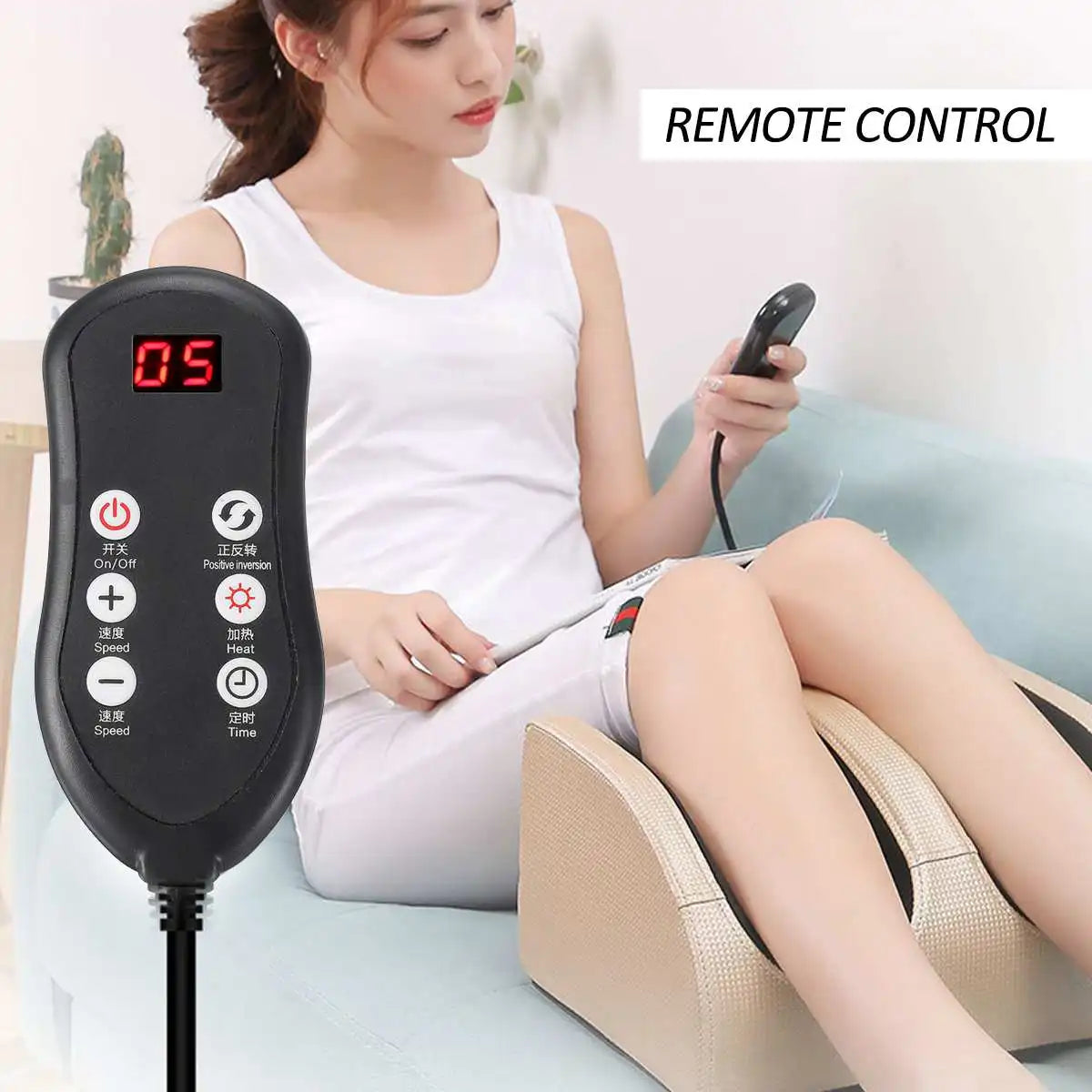 Woman using electric foot massager while adjusting settings with remote control
