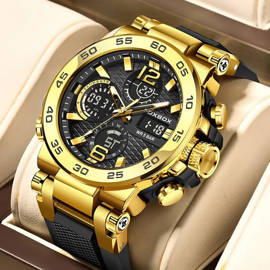 FOXBOX men’s luxury gold chronograph watch with black strap and multifunction dial, perfect for business and adventure
