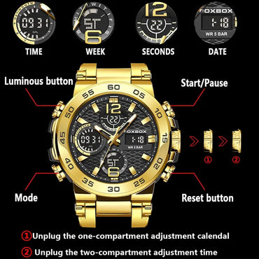 Diagram of FOXBOX men’s gold chronograph watch showing time, week, seconds, date displays and luminous, mode, start/pause, reset buttons