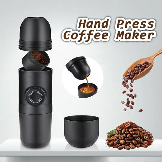 Compact black hand press coffee maker with adjustable grind settings and whole bean compatibility, ideal for espresso and Americano brewing