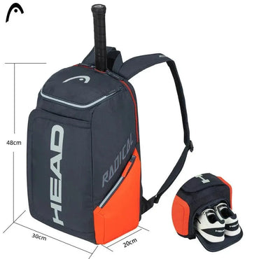 HEAD Radical Tennis Backpack in navy and orange measuring 48x30x20 cm, with dedicated shoe compartment and racquet holder BeTrendy