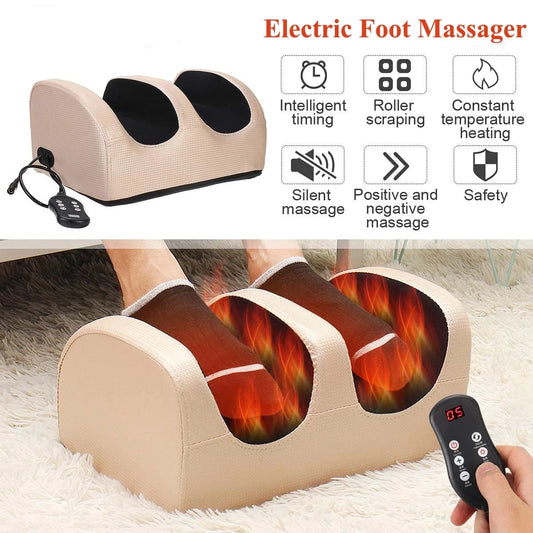 Electric foot massager with remote control, heat therapy, and 3D roller kneading for relaxation and pain relief
