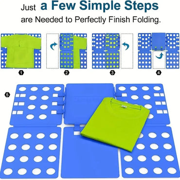 Step-by-step visual guide showing how to fold a shirt using a plastic clothes folding board in five simple steps