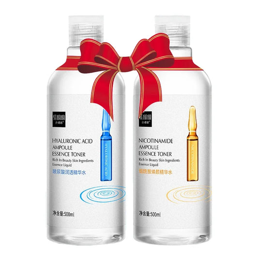Two 500ml bottles of Senana essence toner, Hyaluronic Acid and Niacinamide formulas, tied together with a red bow
