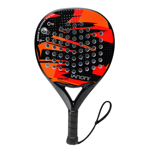 IANONI PR8100 carbon fiber padel tennis racquet with black and red design, perforated face, ergonomic grip, and wrist strap