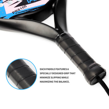 Close-up of IANONI padel tennis racquet grip with anti-slip wrap and ergonomic handle for balance and control