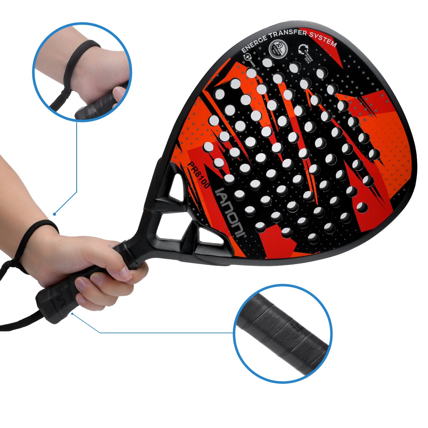 Person holding IANONI padel tennis racquet with detailed close-ups of wrist strap and anti-slip grip for secure and comfortable handling