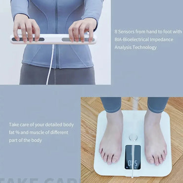 Woman using Icomon smart scale with hand and foot sensors for full body composition analysis