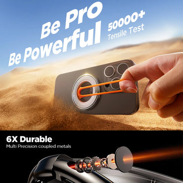 Joyroom magnetic phone ring holder shown with 50000+ tensile test and durability claim, highlighting dual-finger pull and internal magnetic structure