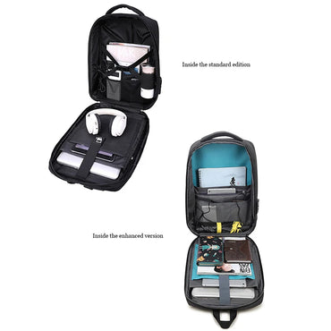 Open laptop backpack showing organized internal compartments for tech gear, documents, and accessories.