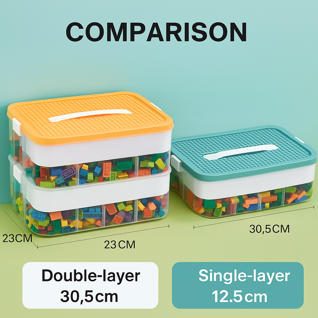 Comparison of single-layer and double-layer Lego-compatible storage boxes with dimensions labeled, teal and yellow lids, filled with colorful bricks