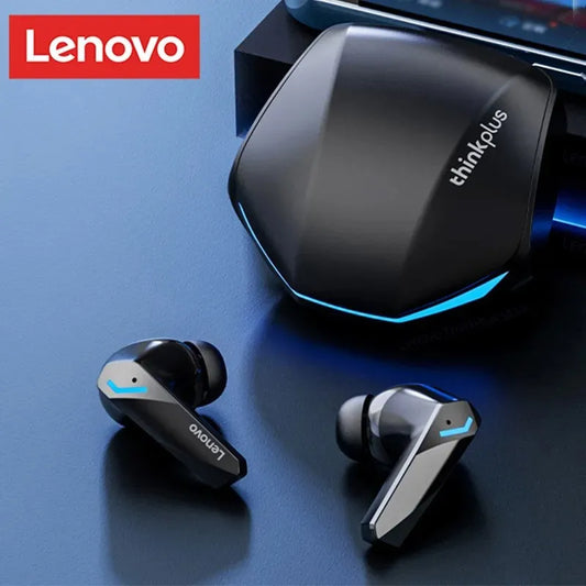 Lenovo GM2 Pro wireless earbuds with low-latency Bluetooth 5.3 and a compact futuristic charging case, ideal for gaming and music.
