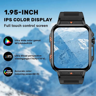 LIGE smartwatch with 1.95-inch IPS full-touch color display showing mountain landscape, vibrant visuals, and call/game icons