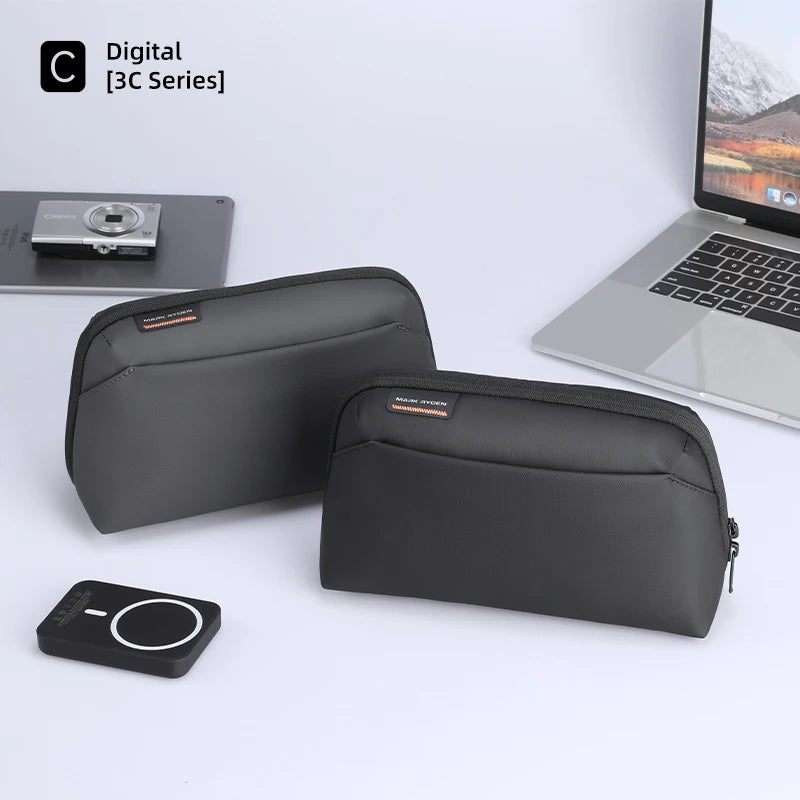 Two Mark Ryden 3C Series tech organizer bags on desk with camera, power bank, and laptop – digital accessory storage pouches