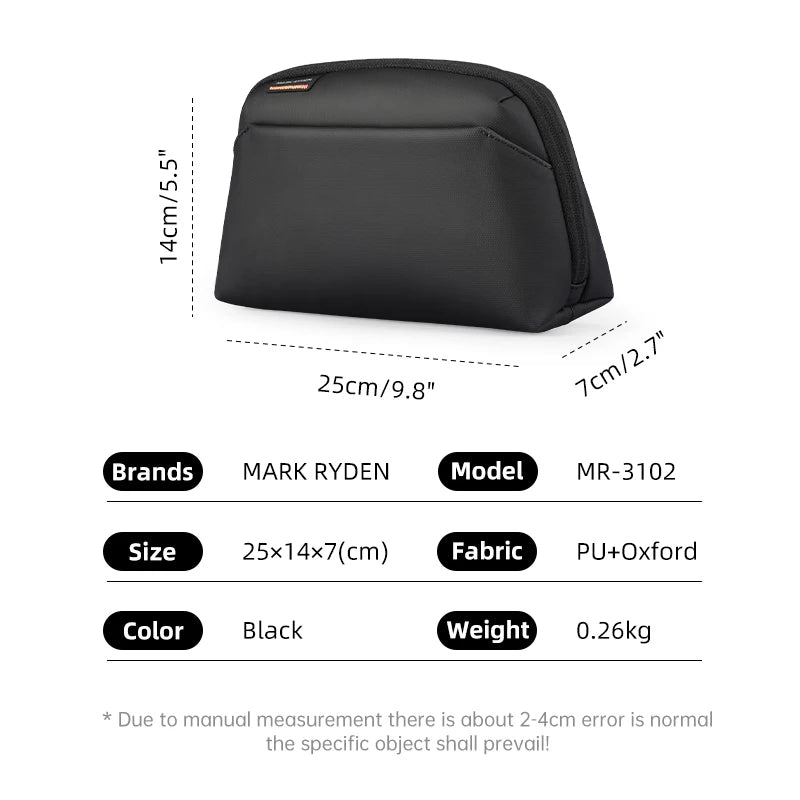 Mark Ryden MR-3102 tech organizer pouch with size 25x14x7 cm, black color, PU and Oxford fabric, 0.26 kg weight