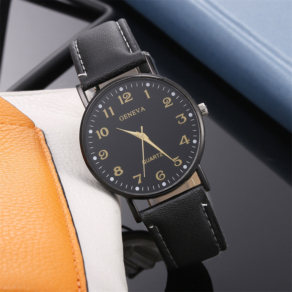 Men’s luxury quartz watch with a sleek black dial, gold-tone numerals, and a classic black leather strap – ideal for formal or casual occasions.
