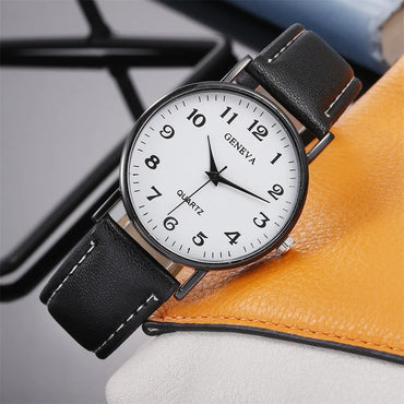 Men’s classic luxury quartz watch with a white dial, bold black numerals, and a black leather strap with white stitching – perfect for daily wear or gifting