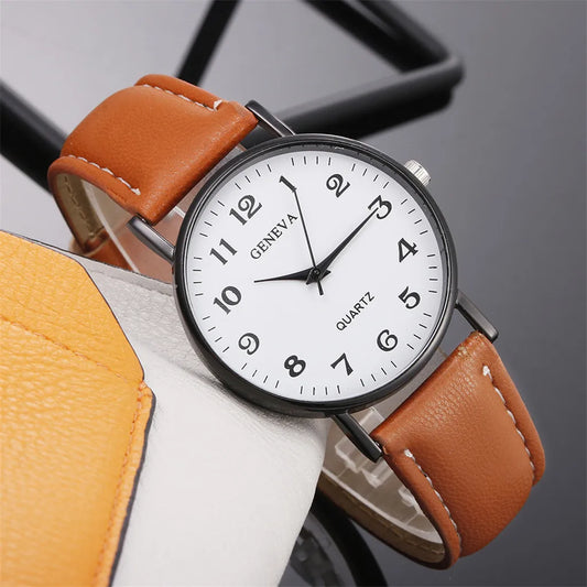 Men’s luxury quartz wristwatch featuring a classic white dial, easy-to-read black numerals, and a brown leather strap – perfect for casual or formal occasions.
