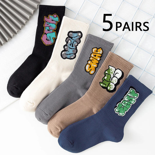 5-pack of men's multicolor graffiti crew socks with bold streetwear designs – breathable, moisture-wicking, and comfortable for all-day wear BeTrendy